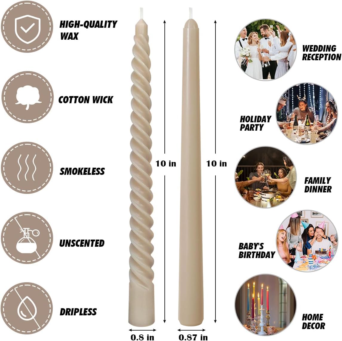 6 Pack Light-Mocha Taper Candles and 6 Pack Spiral Candles Set – 10 Inch Elegant Dripless Candlesticks for Weddings Dinners, Parties and Home Décor
