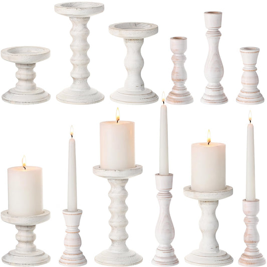 Reallnaive Wooden Candle Holders for Pillar Candles Set of 12, 2 Styles White Rustic Candlestick Stand Centerpiece Decor Fits 0.87-4" Candle Farmhouse Decorations for Fireplace Mantle