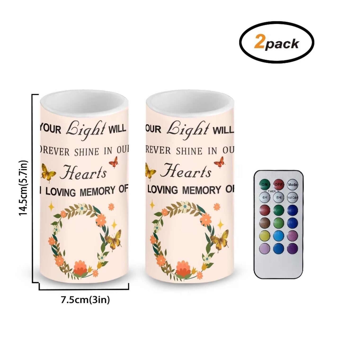 Luarisgur Personalized LED Memorial Candle for Loss of Loved One 2 Pack 6 x 3 inch Flameless Candles Pink Battery Operated Candles with Multicolor Timer Remote Control Flameless LED Fake Candles