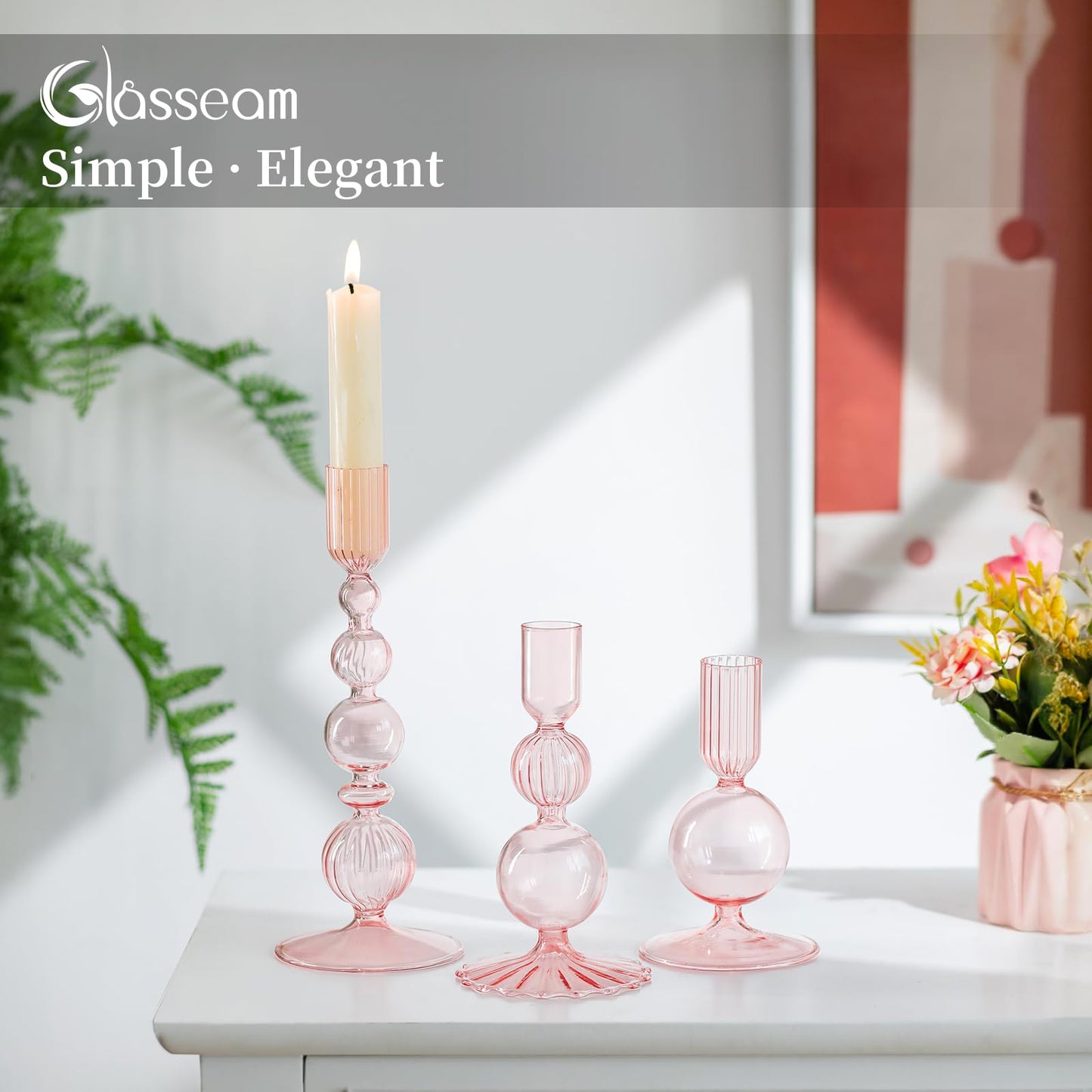 Glasseam Pink Glass Candlestick Holder: Unique Candle Holders Set of 3 Modern Taper Candle Holder Decorative for Table Centerpiece Party Christmas Home Wedding Decoration