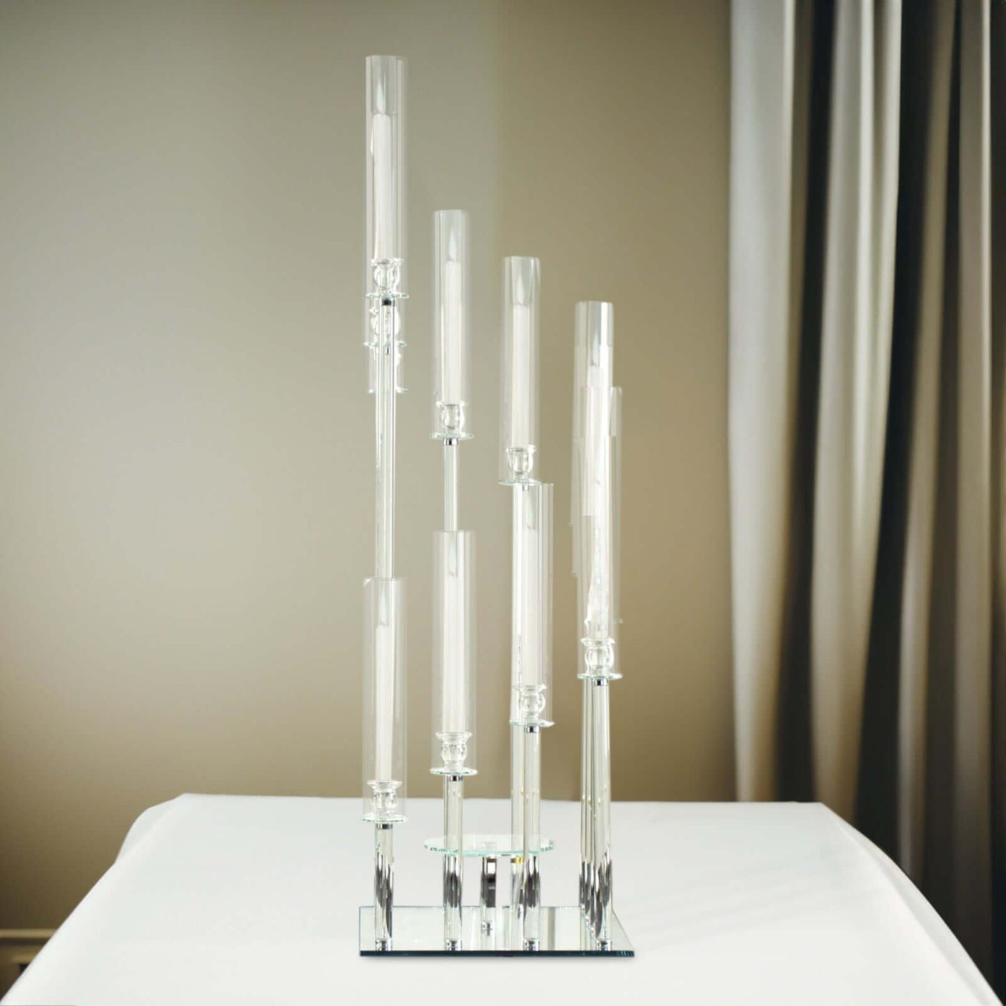 Efavormart 4.5ft Crystal 12-Arm Cluster Glass Candelabra Floral Pedestal Stand, Square Hurricane Taper Candle Holder Stand