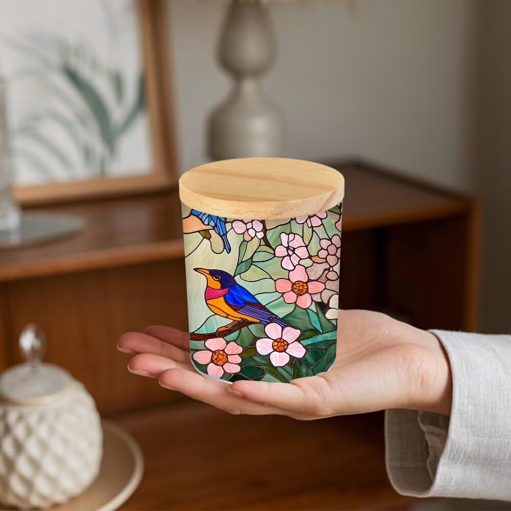 Stained Glass Birds Tea Light Candle Holders, Spring Blossoms Tealight Candle Holder Jar with Wooden Lid, Votive Candlesticks for Table Centerpieces, Christmas,Birthday Party,Home Decor