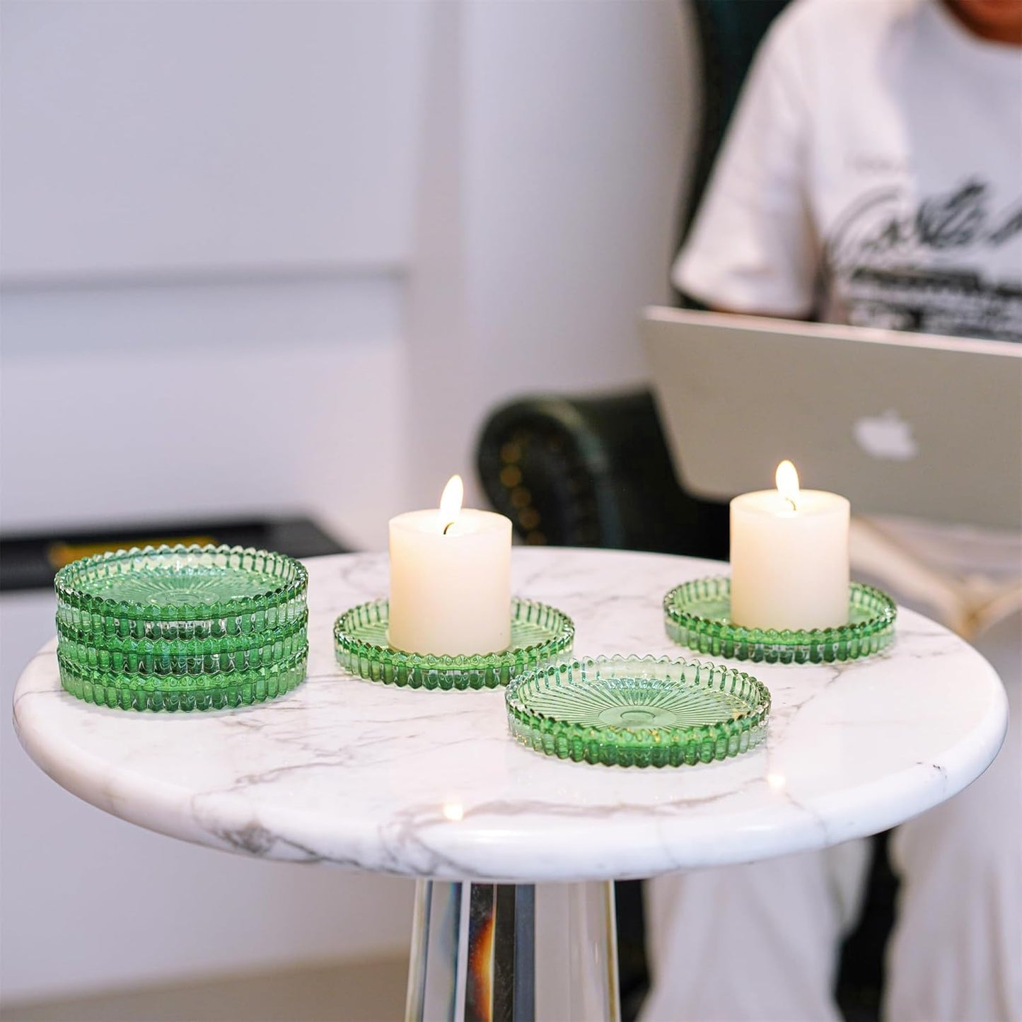 4" Glass Candle Holder,Green Round Crystal Candle Plate,Decorative Glass Pillar Candle Plate,Aromatherapy Candle Pad for Christmas, Birthday, Wedding Table Centerpiece, Set of 6