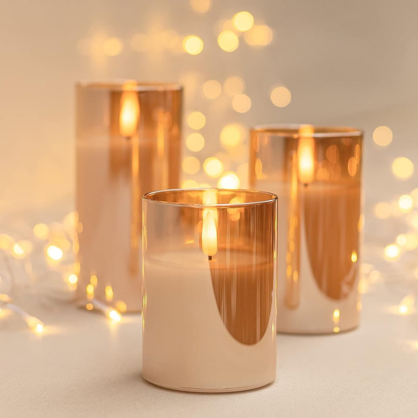 COVEGE Glass LED Flameless Candles Set with Remote, Gold Battery Operated Fake Candles, Real Wax with Warm Flickering Light, Safe Decorative Pillar Candles for Home, Wedding, Party Gift (Pack of 3)
