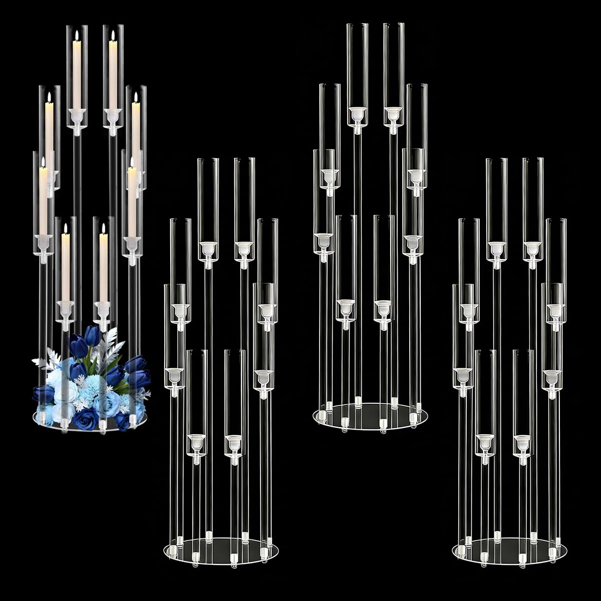 VINCIGANT 4PCS 8 Arms Clear Candelabra Candle Holder for Wedding Decorations,38.5 inches Tall Arcylic Candlesticks Holder with Shade for Table Dinner Party Valentines Day Fireplace Decoration