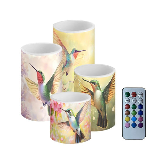 NETILGEN Spring Flower Hummingbird Print 4 Pcs Flameless Candles with Remote/Timer, Decorative LED Pillar Candles Color Changing Flickering Candles for Home Party