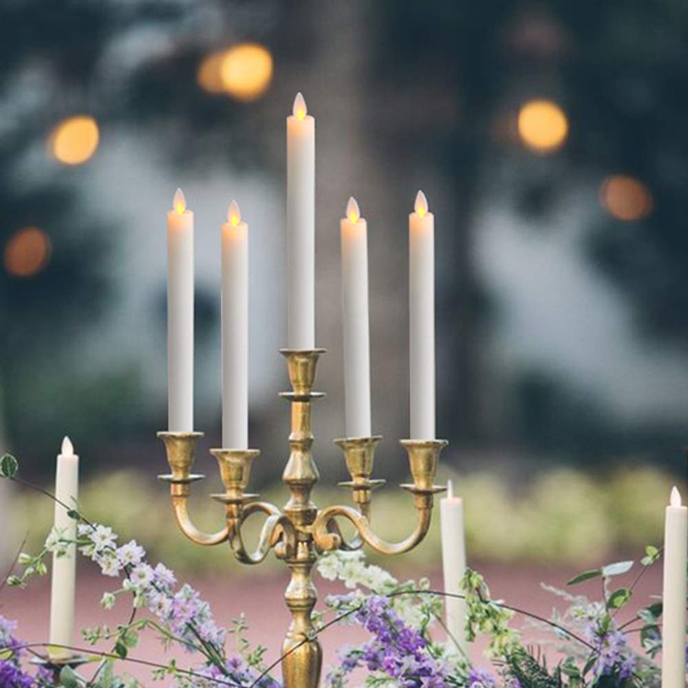 DRomance Flameless Flickering Taper Candles with 10-Key Remote and Timer Battery Operated White Real Wax LED Candlesticks Dinner Wedding Christmas Holiday Decor Candles(4 Pack, 0.78" D x 9.5" H)