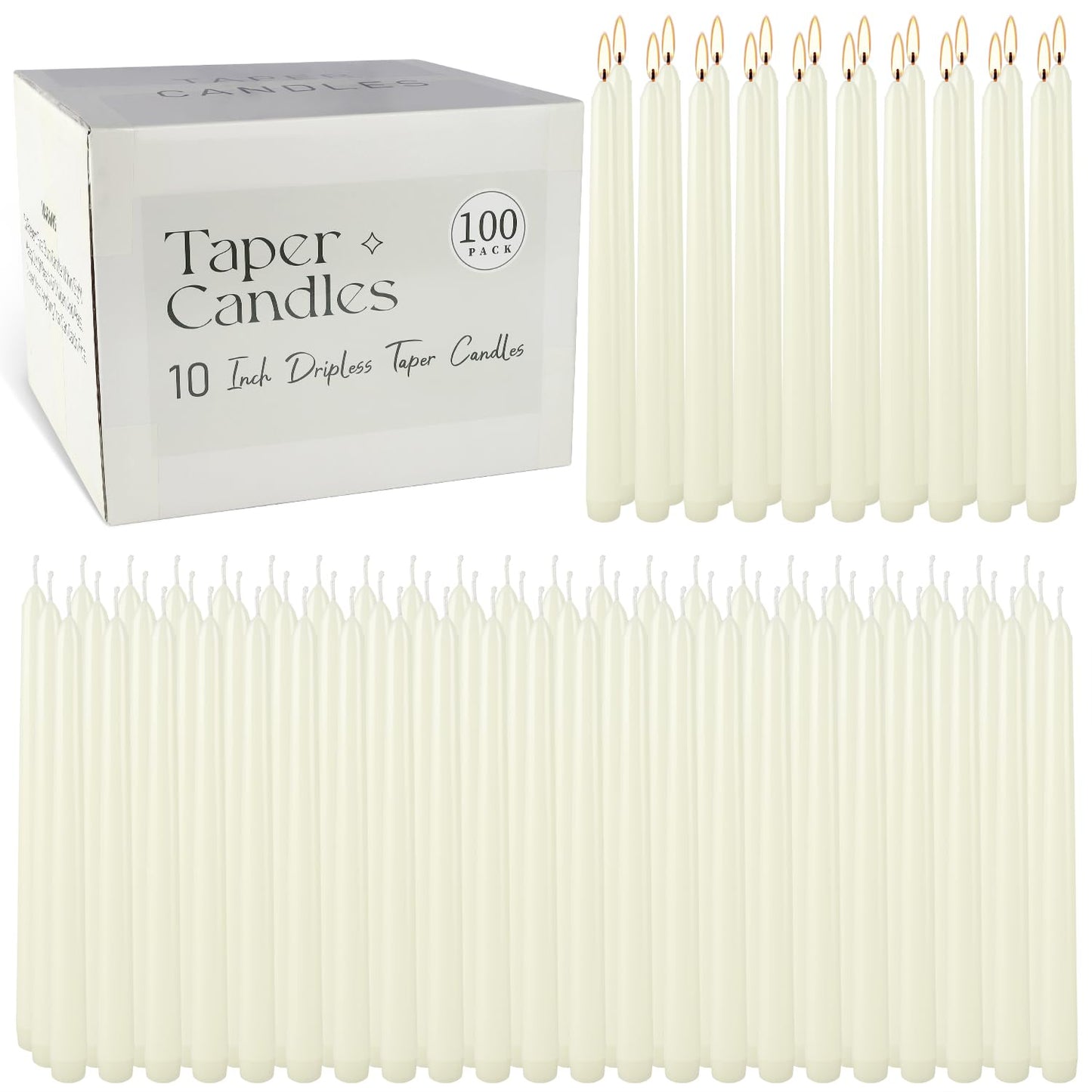 YOROXRG 100Pack Ivory Taper Candles, 7-8 Hours Burn Time, Unscented, Smokeless and Dripless, 0.75 x 10 Inch Dinner Candle Set for Household, Wedding, Party and Home Décor Candlesticks