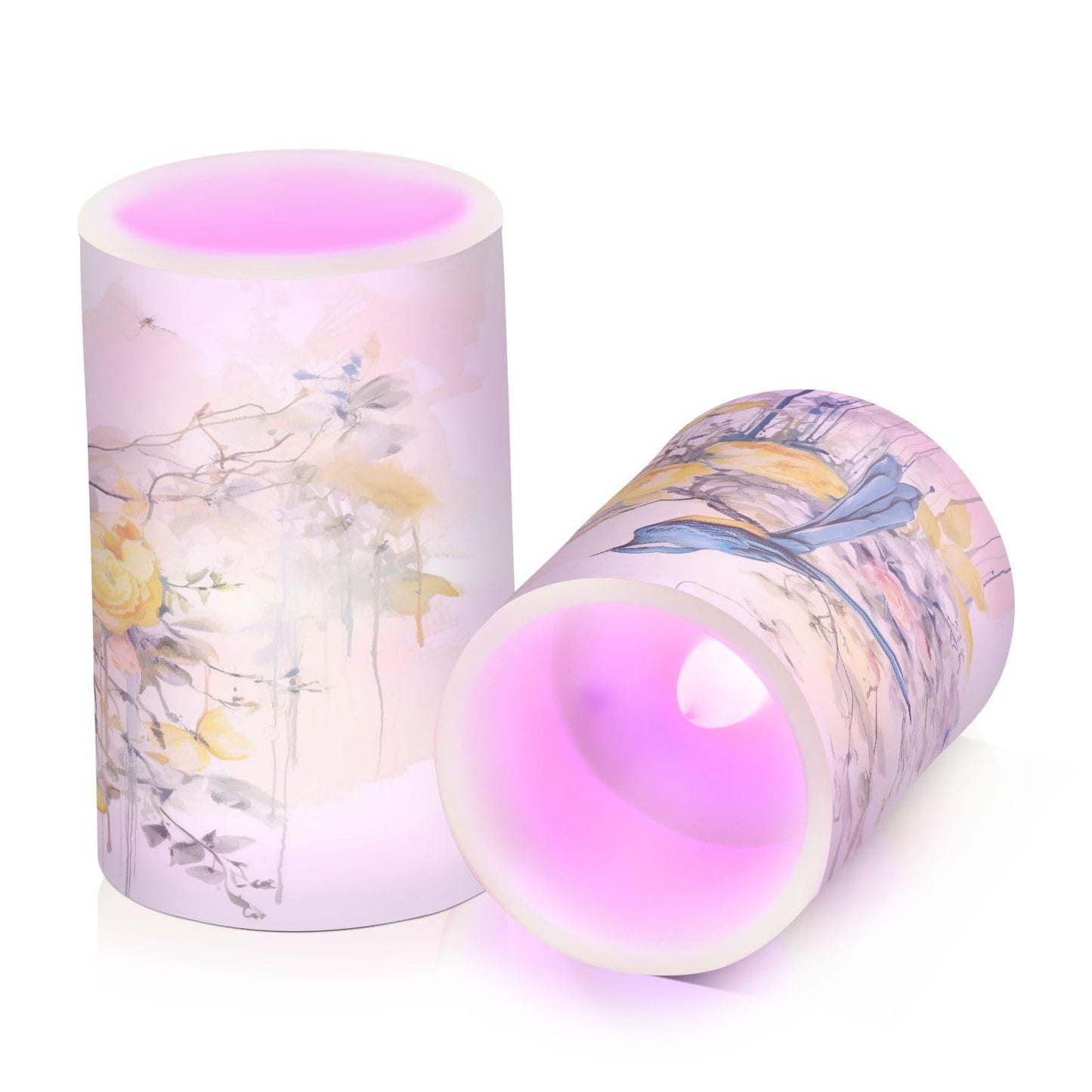 Spring Blue Bird with Yellow Flowers Butterflies Flickering Flameless Candles Battery Operated with Remote Timer,Tea Light Candles LED Pillar Votive Candles set of 2 for Outdoor Indoor Decorations