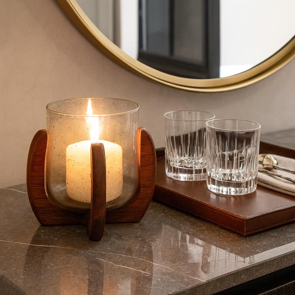 Glass And Wood Candle Holder – Votive Candle Holder Decor For Tabletop And Mantle, Living Room And Bedroom Placement, Indoor Lantern Style Accent with Warm Modern Home Decor Appeal – 7", Brown & Clear