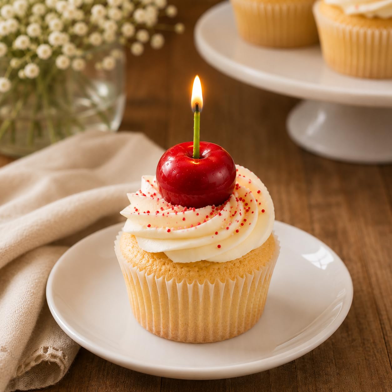 Set of 12 Cherry Birthday Candles – Handmade Beeswax Cake Candles with Cotton Wicks – Eco-Friendly Red Cherry Shaped Candles for Parties, Weddings, Cupcakes, Celebrations
