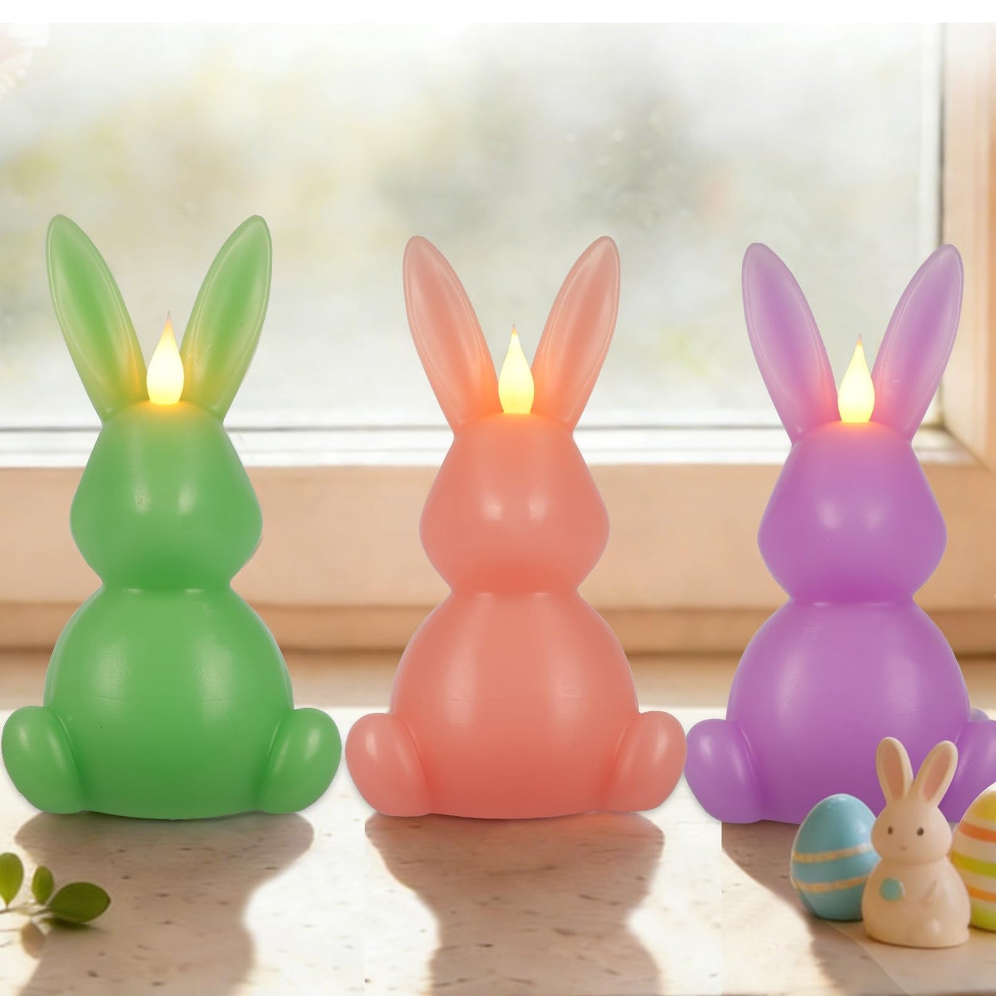 Leorate 3PCS Easter Bunny Flameless Candles – 7.5" Battery Operated LED Rabbit Candles with Flickering Flame, Green Purple Pink Real Wax Finish for Easter Decor, Table Centerpiece & Spring Home