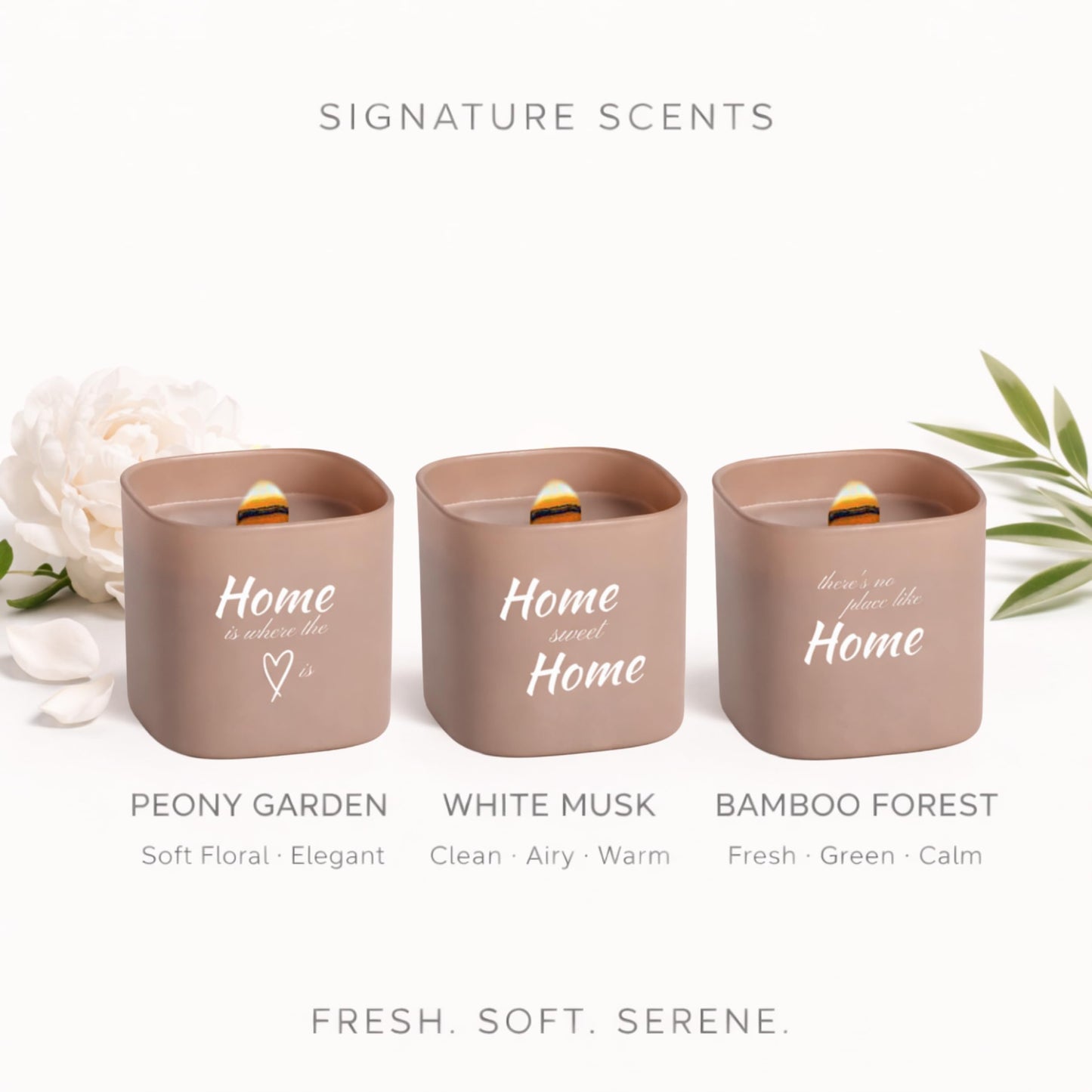 Set of 3 Premium Scented Soy Candles Gift Set | Home Collection – White Musk, Bamboo Forest & Peony Garden | Crackling Wood Wick | Luxurious Candles for Relaxation, Home Décor & Gifts | 9.8oz Each