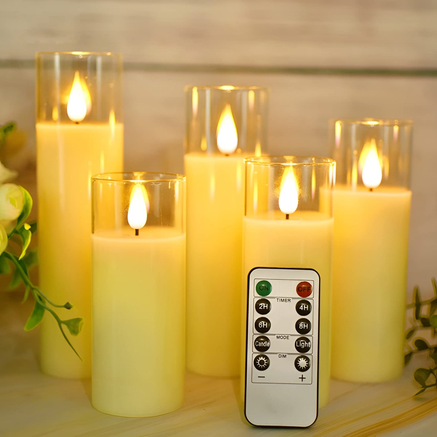 NICEME 5PCS Clear Glass LED Flameless Candles with Remote Timer, Flickering Battery Operated Pillar Candles Teardrop Flame Black Wick Romantic Real Wax Electric Votive Candles for Halloween Christmas