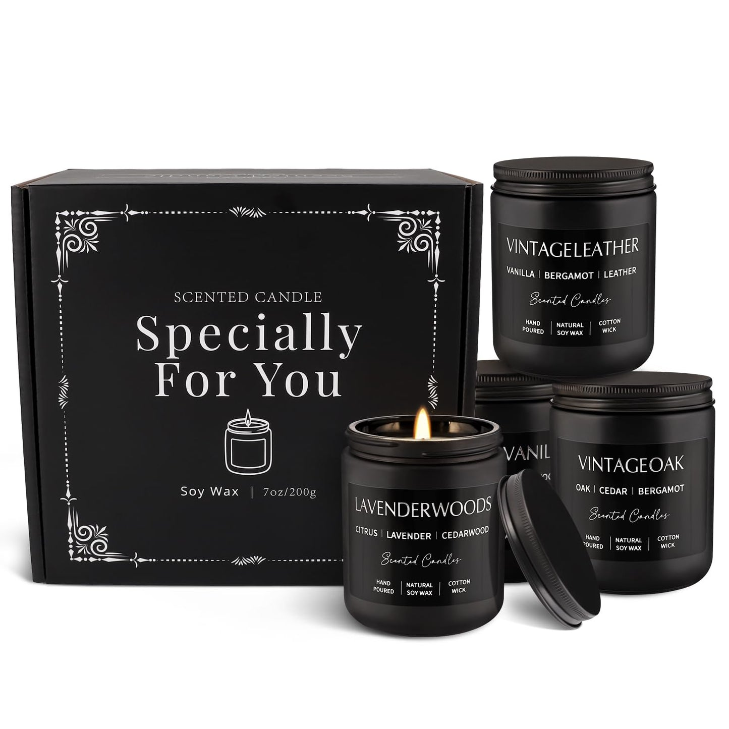 Scented Candles Gift Set - 4 Pack (7oz Each) Soy Wax Aromatherapy Candles with Essential Oils, Smokeless - Leather & Smoke, Vanilla Oakmoss, Lavender for Office, Gifts