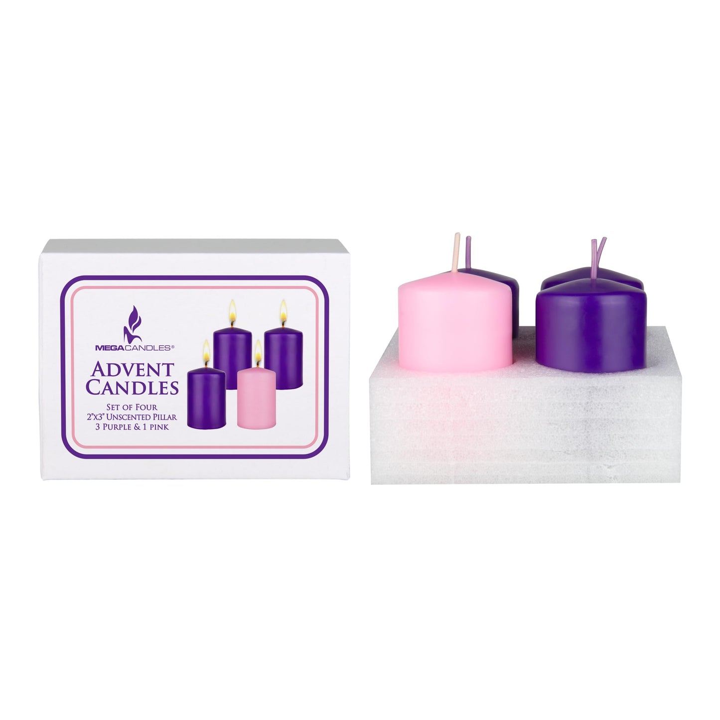 Mega Candles 4 pcs Unscented Christmas Advent Candles Set, Hand Poured Premium Wax Dome Top Round Pillar Candle 2 Inch x 3 Inch, Holidays, Festivities, Devotional, Church, Wreath, Party, Gifts