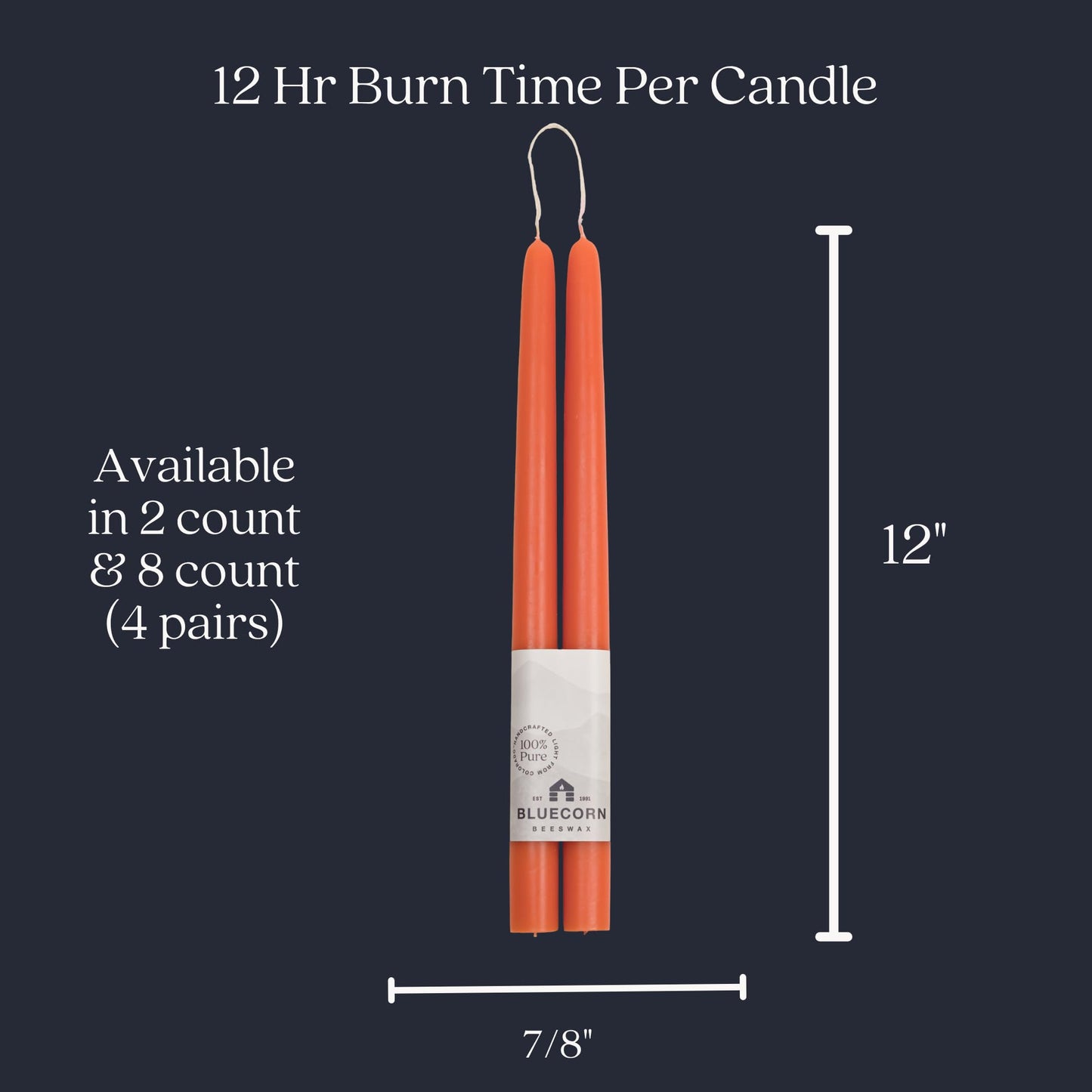 Bluecorn Beeswax Taper Candles, 100% Pure Natural Bees Wax, Pair of 12 Inch Orange Tapered Candlesticks, Clean Burning & Dripless, Fragrance Free, Long Lasting, Home Decor, American Made, 1 Count