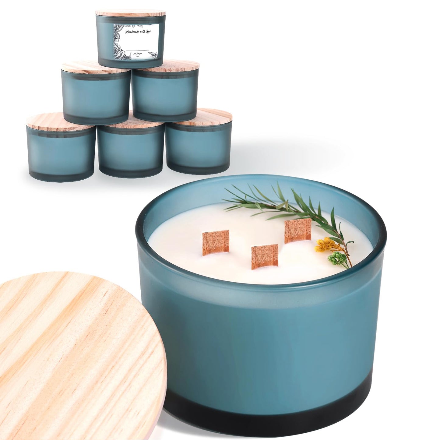 6 Pack Glass Candle Jars with Lids (16oz, Frosted Lake Blue) - Large Candle Jars for 3 Wick Candles Making - Empty Candle Jars Containers - Candle Making Accessories include 16Pcs Candle Labels