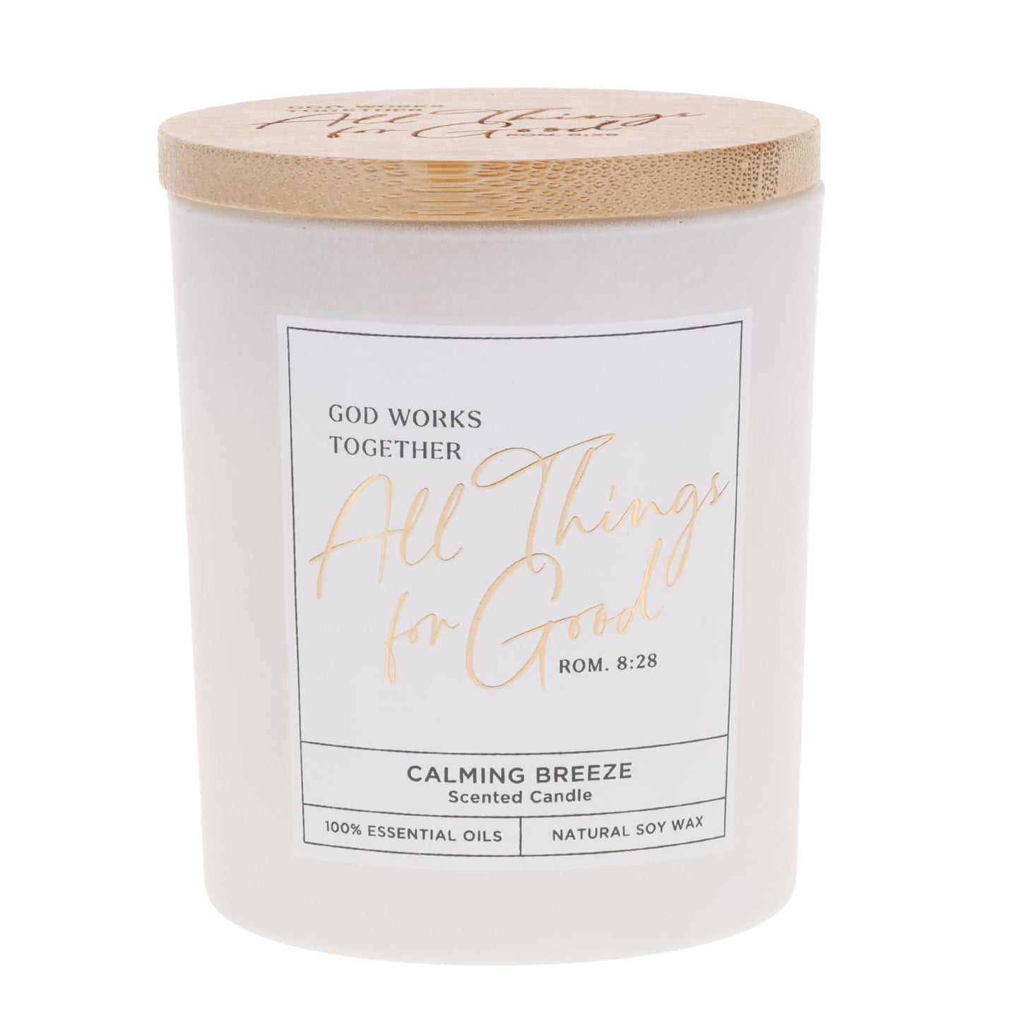 Christian Art Gifts Soy Wax Scented Candle: Romans 8:28 Bible Verse, Calming Breeze Scent, Pure Essential Oils, 4.5 oz, Up to 20 Hours Burn Time, Glass Jar w/Bamboo Lid, Encouragement Gift