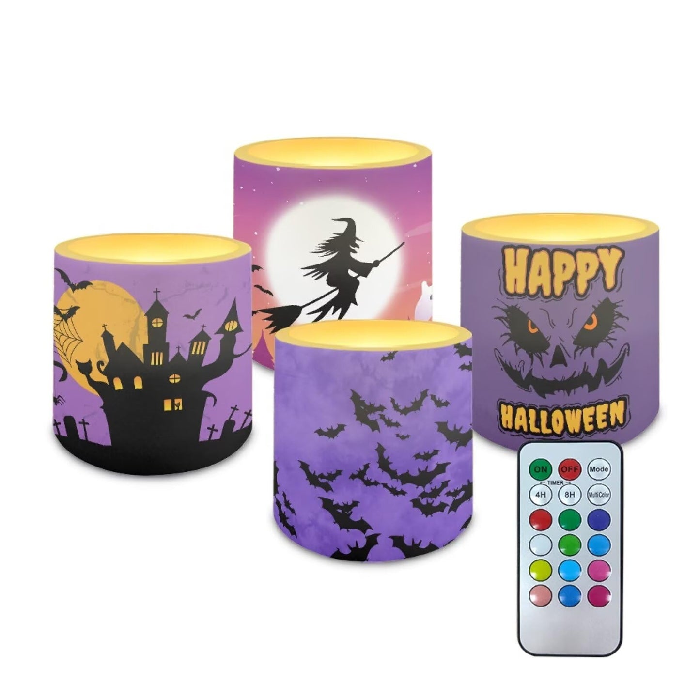 Merkmak Halloween Flickering Flameless Candles with Timer Bat Haunted House Witch Print LED Pillar Candles with Remote Battery Tea Lights for Indoor Outdoor Home Party Decorations