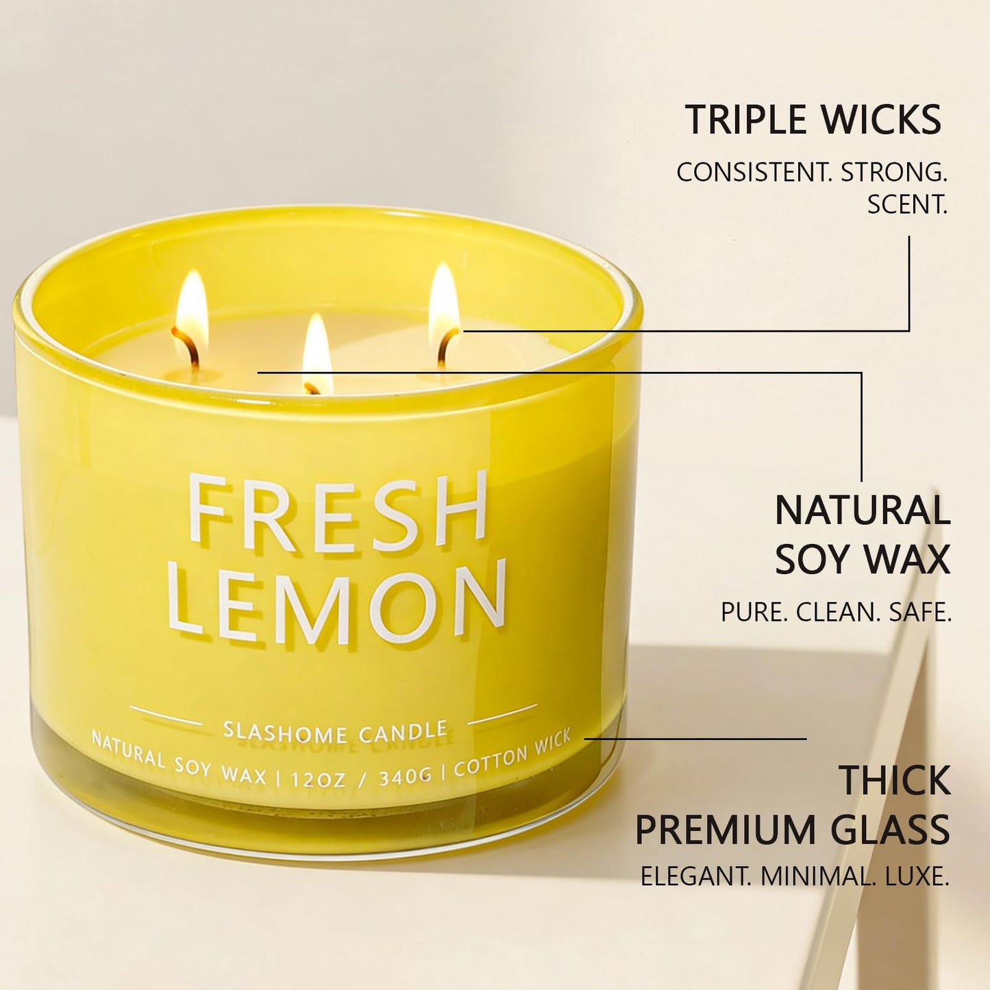 Fresh Lemon Scented Candle, Luxury Large 3 Wick Soy Candle 12 Oz, 60+ Hour Long Lasting Clean Burn, Elegant Aromatherapy Home Decor, Housewarming & Birthday Gift for Men & Women