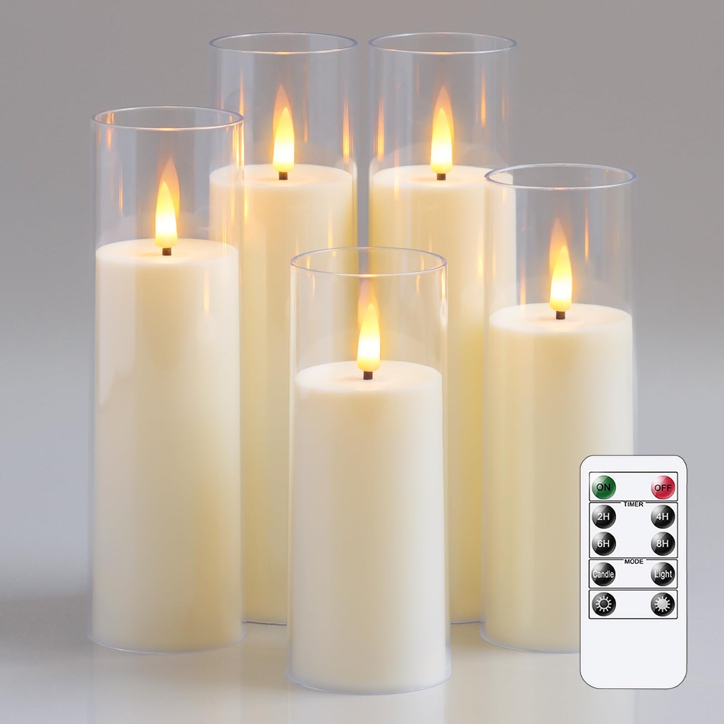 Yeelida Acrylic Flameless Flickering Candles with Remote Control and Timer, Battery Operated LED Fake 2.2" x 5",6",7",8",8" Plastic Pillar Candles for Home Decor(Long-Lasting, Ivory)