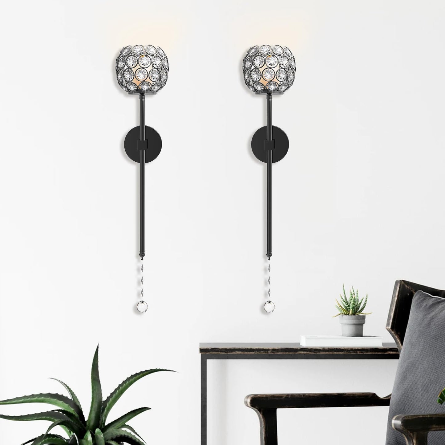 Crystal Candle Sconces for Wall Decorative Candle Holder Sconce Wall Art Home Decor for Bedroom Living Dining Room, Set of 2-Black