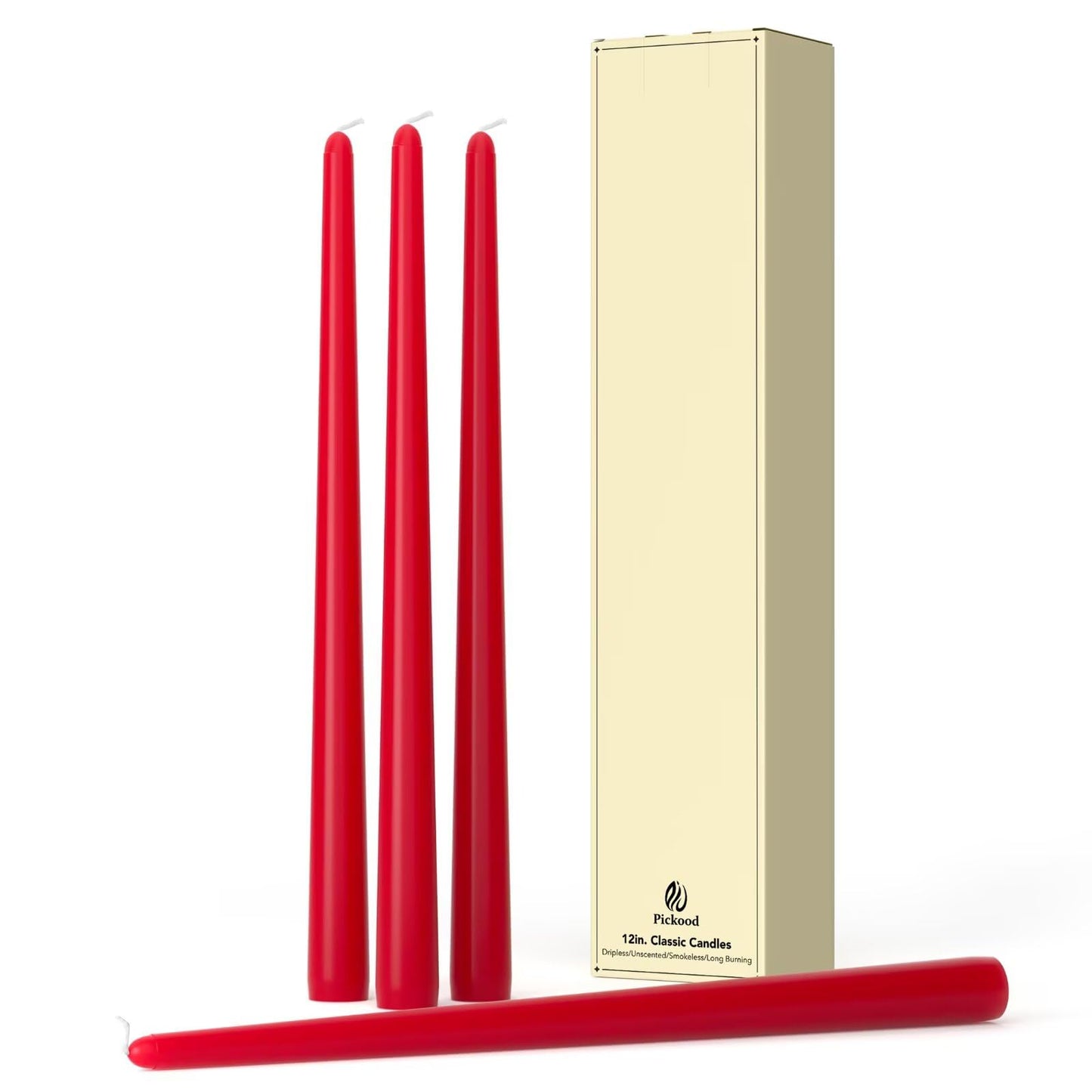 Pickood 12-Inch Tall Dripless Taper Candles Set of 4 - Red Tapered Candles, Perfect for Christmas - Smokeless, Unscented, Long Burning - Hand Poured, Colored Tall Candlesticks - Bright Red