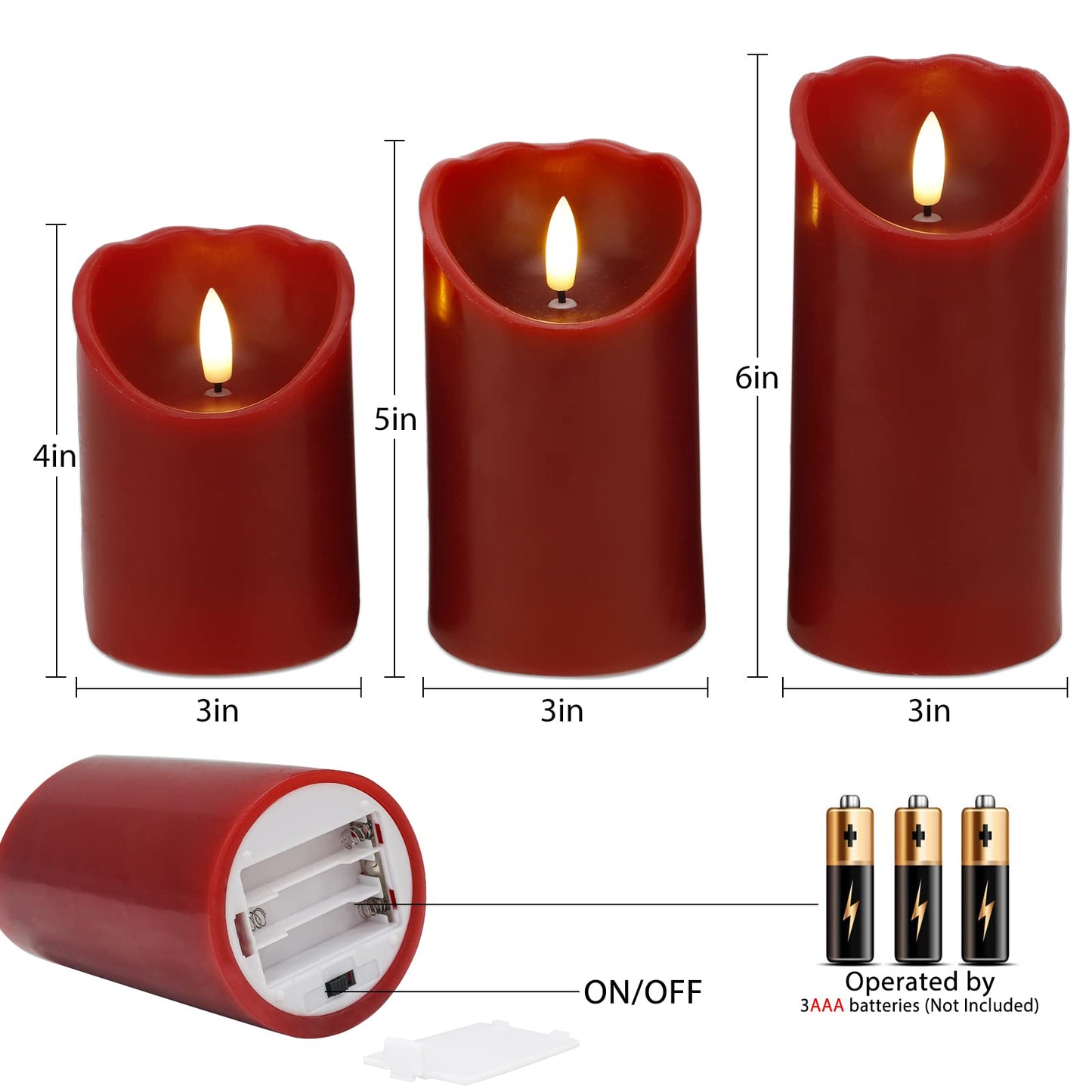 LUSHARBOR Flameless Candles with Remote, Battery Operated Christmas Candles with Timer Real Wax LED Flickering Fake Electric Candles for Christmas Party Home Decor, Set of 3 (Red)
