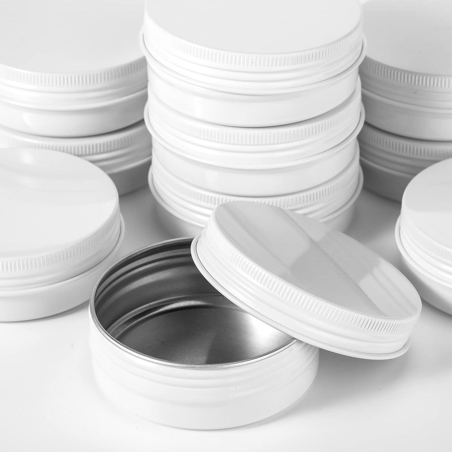 Patelai 2 oz White Metal Round Tins Aluminum Tin Cans Salve Tins Containers with Screw Lid 10 Sheets Stickers for Salve Spice Candies Balms Candles, 36 Pack (Classic Style)