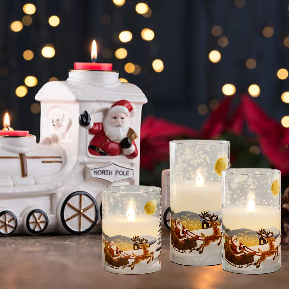 Wondise Santa Claus Glass Flameless Candles Remote and Timer, Battery Operated Real Wax LED Flickering Pillar Candles White Cold Light Window Christmas Holiday Decor D3 x H4, 5", 6"