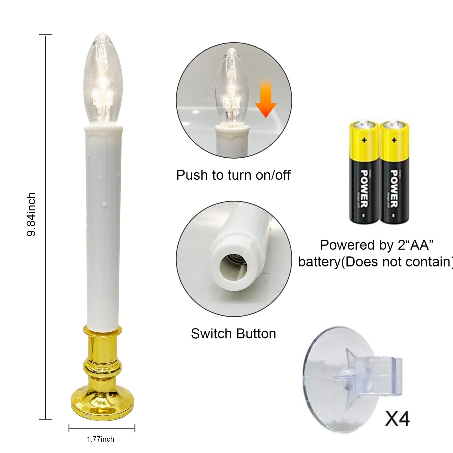 4 Pack Christmas Battery Operated LED Window Candles with Timer, Christmas Window Candles Lights with 3V Ultra-Bright LED Bulbs for Halloween Decorations Indoor Windows Mantels Table , 4 Suction Cups
