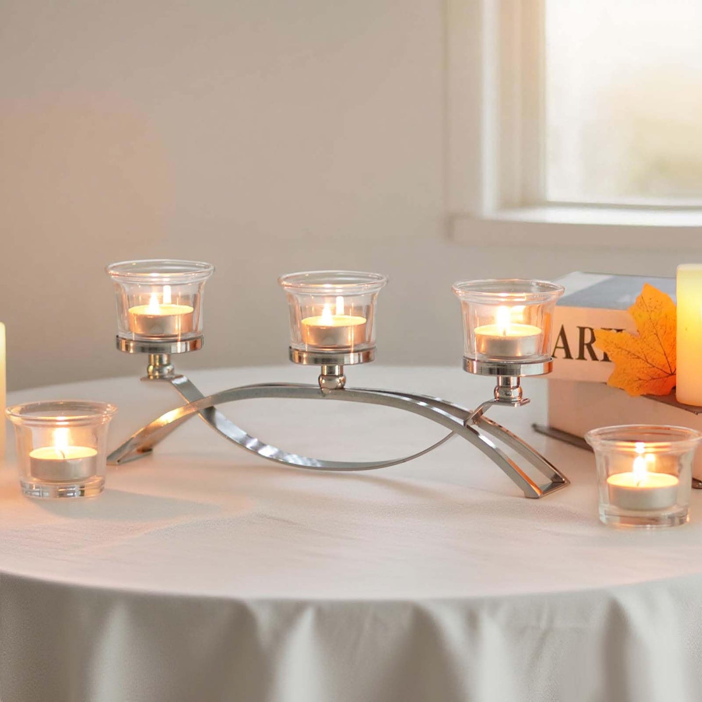 3-Arm Metal Tea Light Candle Holder Set with 5 Glass Cups, Votive Candle Holders Centerpiece Candelabra for Wedding Table Decor, Home Gatherings and Holidays (Silver, 5 Cups)