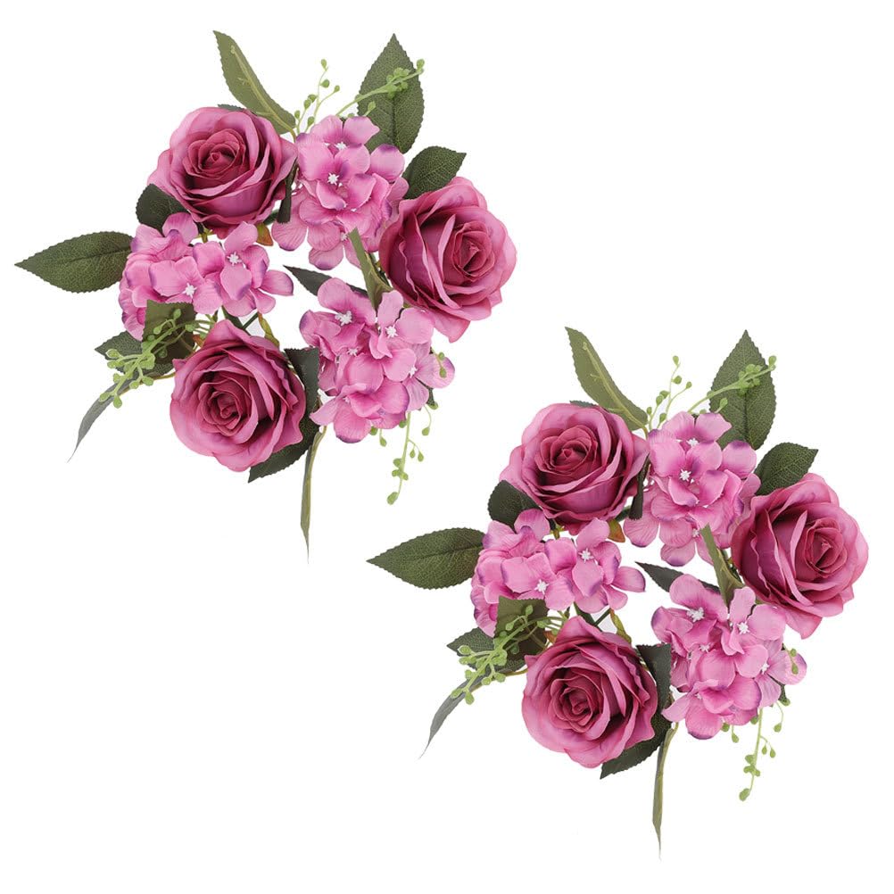 GOOHOCHY 2Pcs Floral Candle Rings Artificial Rose Wreaths for Wedding and Home Table Decoration Rustic Centerpieces for Pillar Candles for Parties and Events
