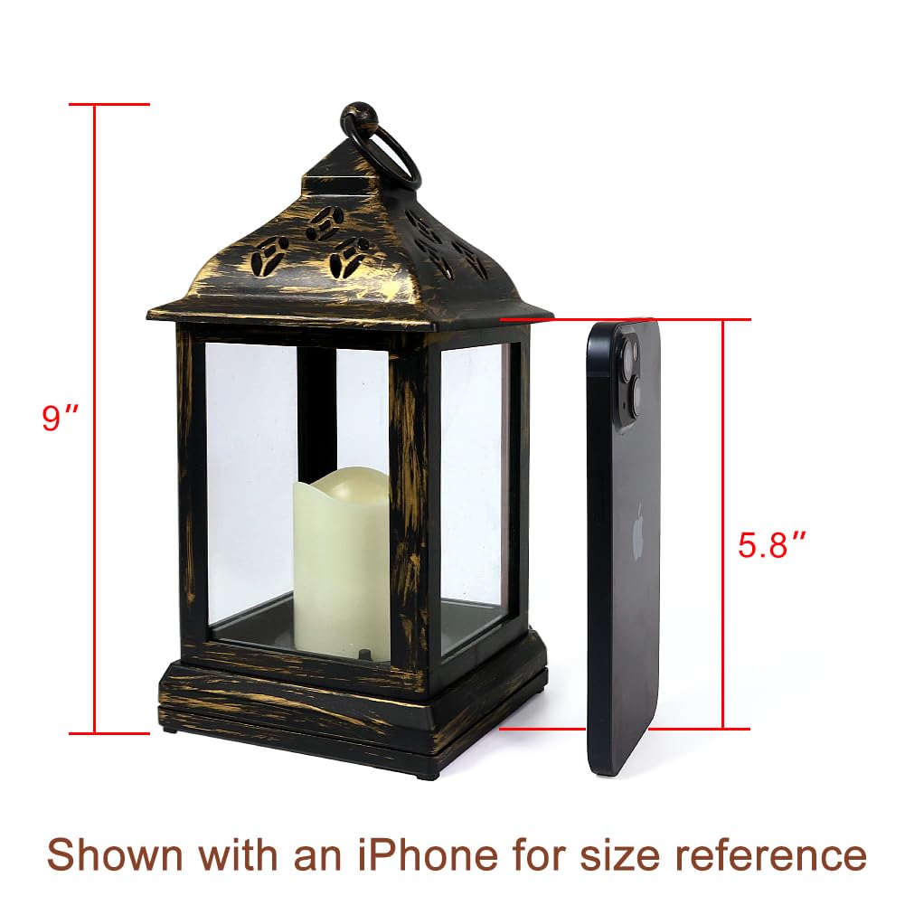 Bright Zeal 2-Pack 9.5" Distressed Bronzes Indoor Candle Lantern with LED Flameless Candle - Battery Operated Lanterns Indoor Decorative Lanterns with Timer Candles