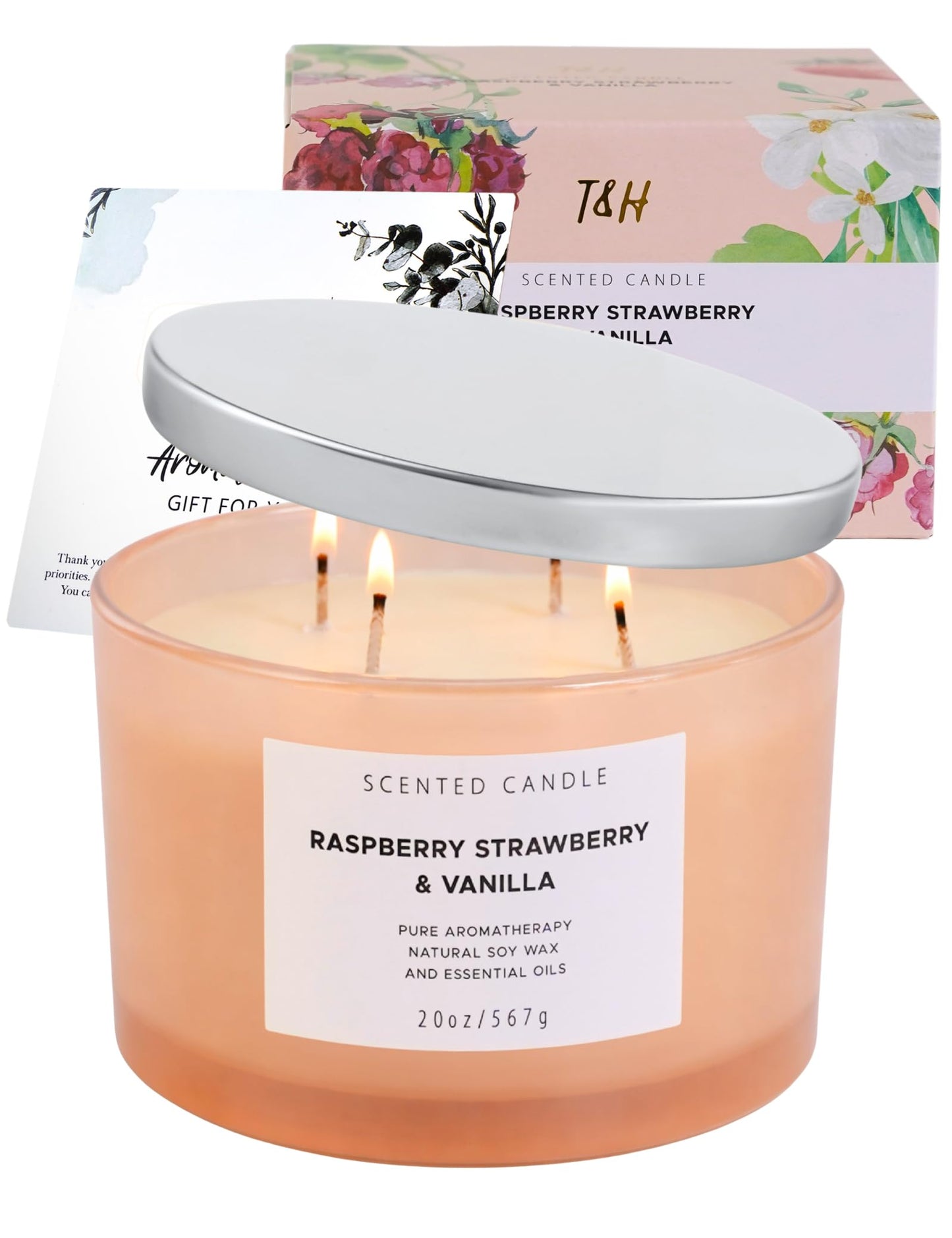 Raspberry Strawberry Vanilla Scented Candle | 4 Wick Extra Large Soy Candle 20 oz | Strong Scented Fruity Aromatherapy Candle for Women | Sweet Berry Vanilla Home Scent | Long Lasting Clean Burn