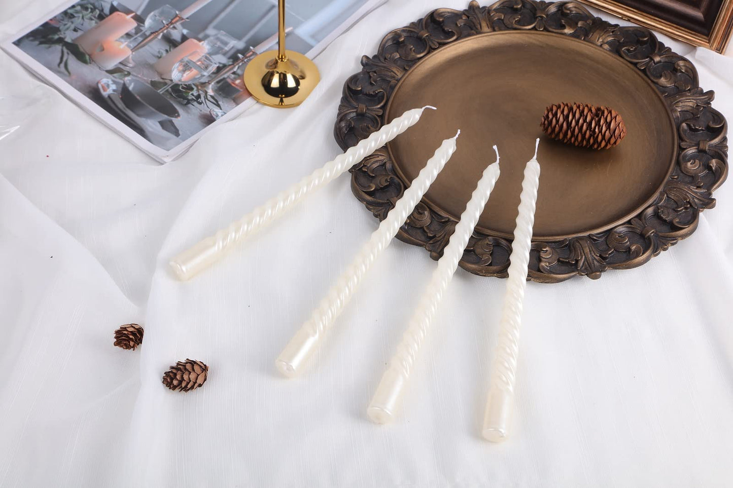 Taper Candles, 10 Inch - Set of 4 Metal Style Tapered Candles, Spiral Taper Candle, Long Candlesticks for Home Dinner, Party, Wedding, Halloween (4, White, 10 Inch)