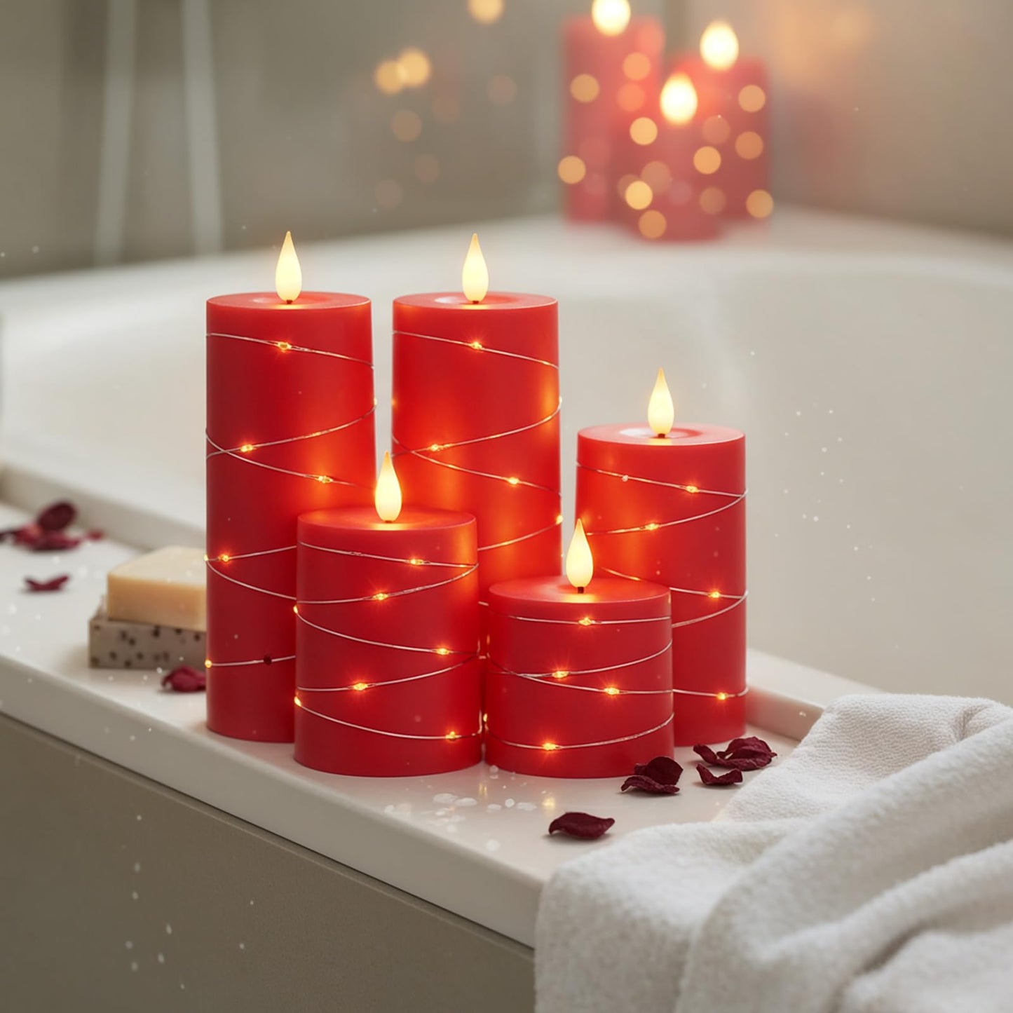 Raycare Independence Day Flameless Candles with Remote Timer, Flickering Battery Operated LED Pillar Fake Candle with String Lights for 4th of July Patriotic Home Decor, Wedding Gift, Red, Set of 5