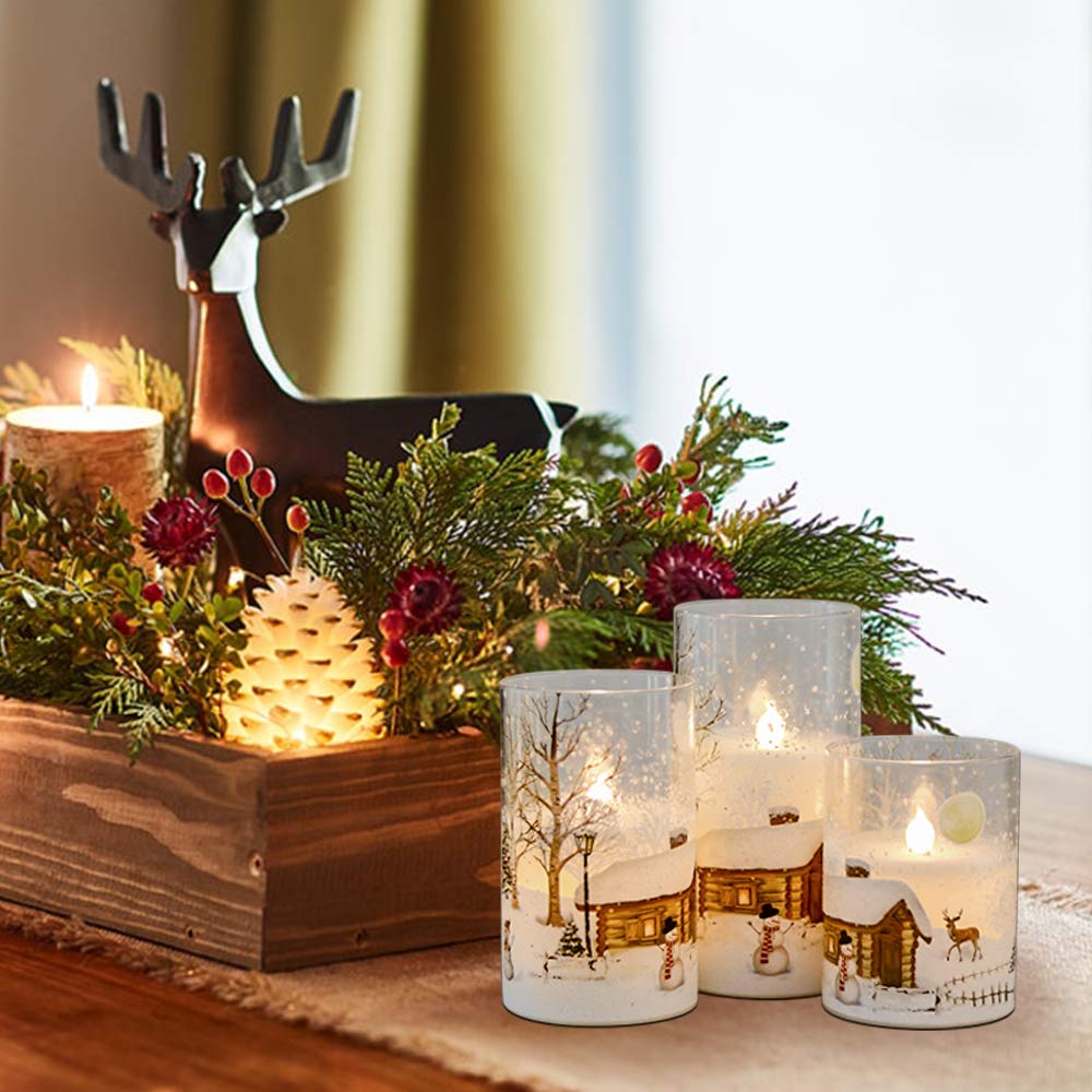Wondise Snowman Glass Flameless Candles with Remote and Timer, Battery Operated Real Wax LED Flickering LED Candles White Cold Light Window Christmas Holiday Decor D3 x 4",5",6"
