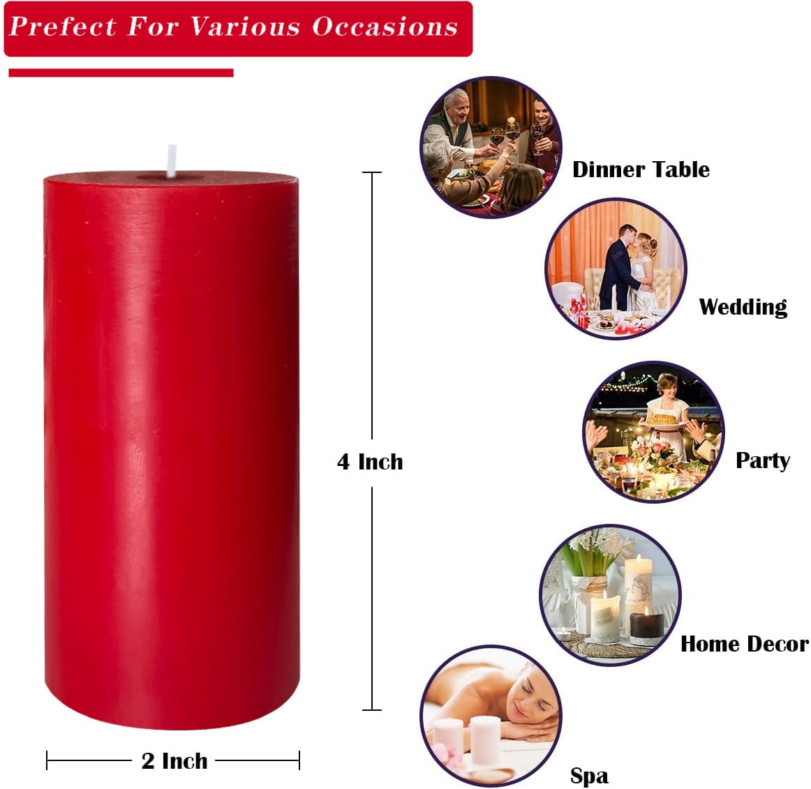 4 Pack Red Pillar Candles, 2x4 Inch, Long-Lasting, Dripless and Smokeless Unscented Candles, Ideal for Home Décor, Parties Weddings and Relaxation