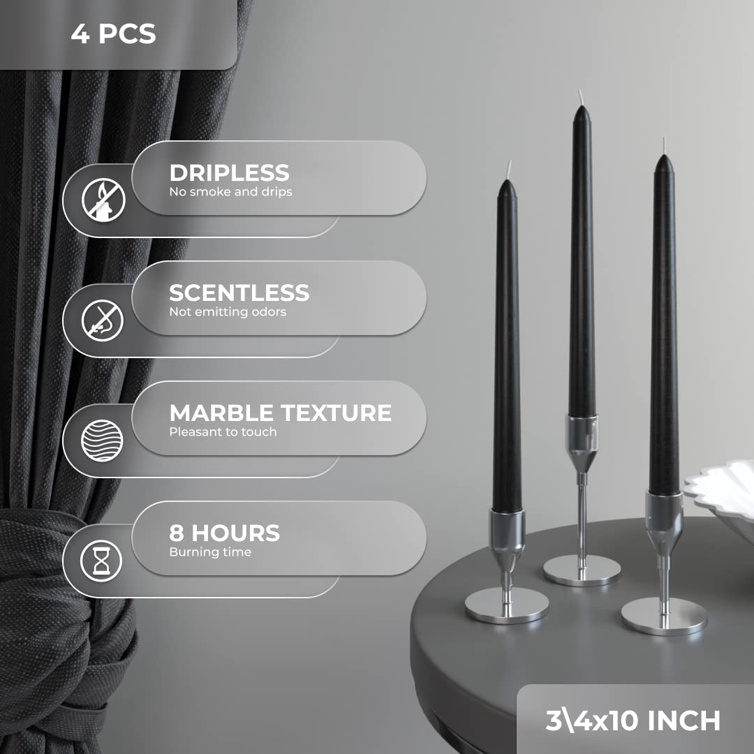 CANDWAX Black 10 inch Taper Candles Pack of 4 - Unscented Smokeless Dripless Tall Candle Sticks - Perfect for Home Decor, Special Occasions and Ordinary Events - Black Taper Candles