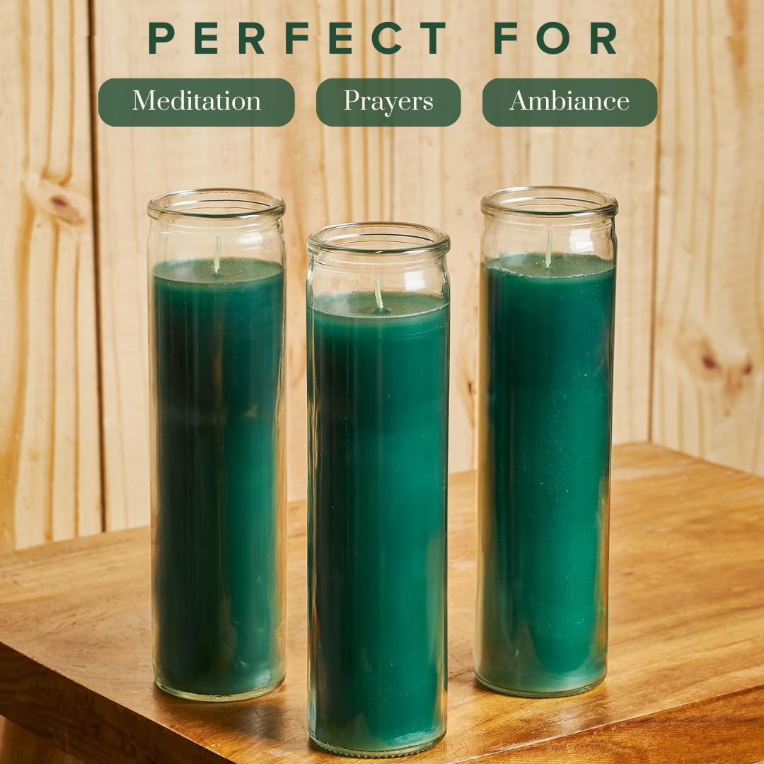 Simply Soson 2x8 inch Green Devotional Candles in Glass Jar - 3 Pack - 90 Hours – Prayer Candle - Tall Pillar Candles for Religious, Memorials, Party Decor