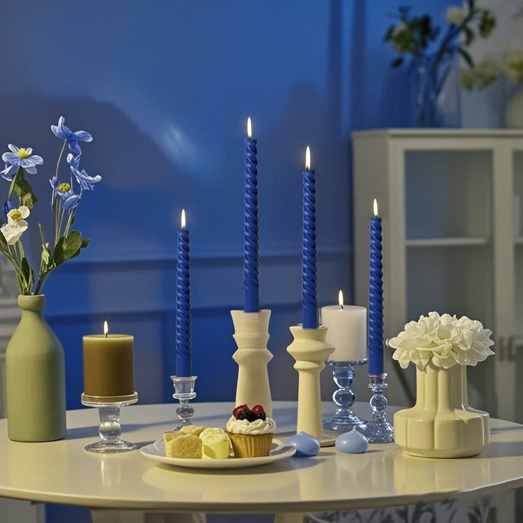 8 Pack 10 Inch Navy-Blue Spiral Taper Candle Set, 7/8 Inch Unscented Driples Candlesticks for Home Decoration, 6-7 Hours Burn