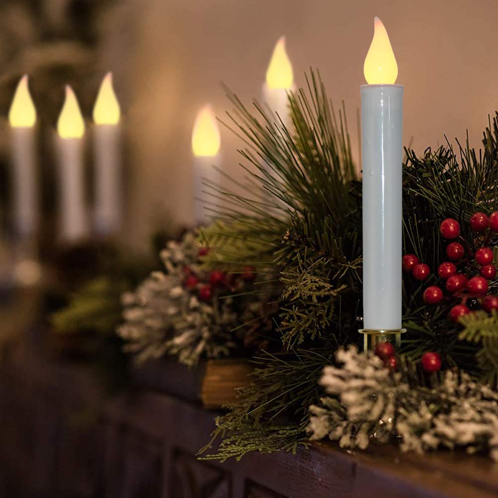 GOOTHY Christmas Window Candles Lights, Automatic Timer LED Flickering Candle Lights with Gold Base (6/18 Hour Timer), 9'' LED Battery Operated Candles for Indoor Table Party Decor- Set of 4