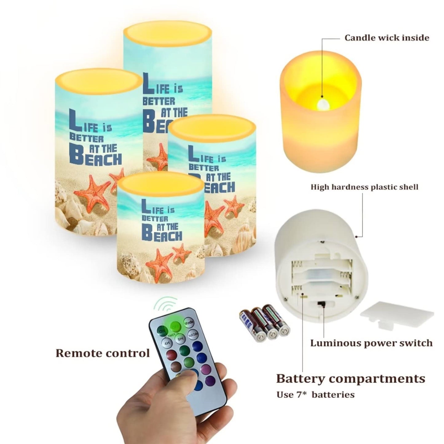 Cozeyat Life is Better at The Beach LED Candles 4 Packs,Flameless Votive Candles Battery Operated,Flickering Electric Tea Lights with Remote and Timer, Lights for Beach Party Wedding