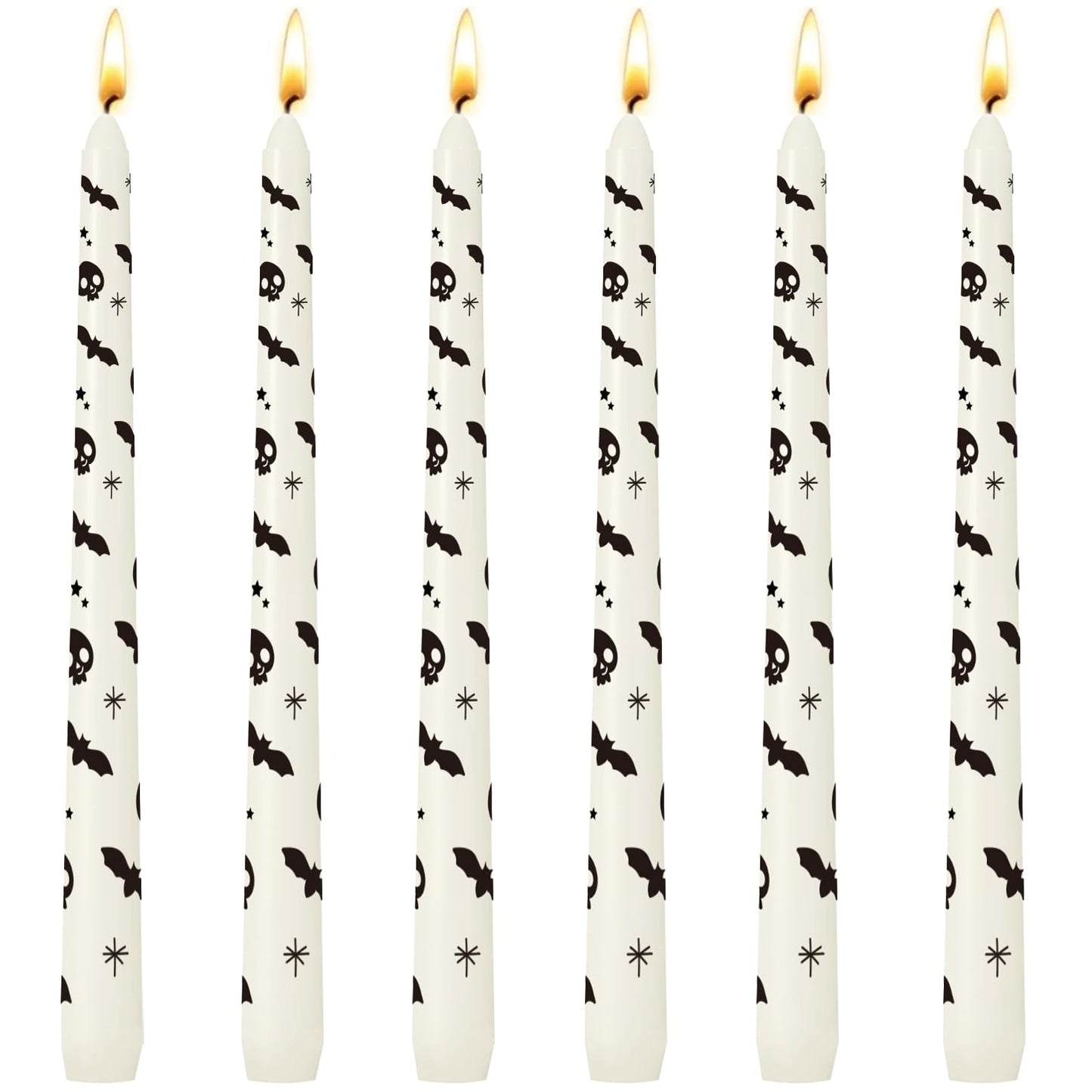 6 Pack Printed Taper Candle Set for Halloween Home Decoration, 10 Inch Ivory Candlesticks with Bat & Skull Pattern Pattern for Dinner Holiday Seasonal Celebration, Dripless and Smokeless Candles