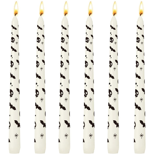 6 Pack Printed Taper Candle Set for Halloween Home Decoration, 10 Inch Ivory Candlesticks with Bat & Skull Pattern Pattern for Dinner Holiday Seasonal Celebration, Dripless and Smokeless Candles