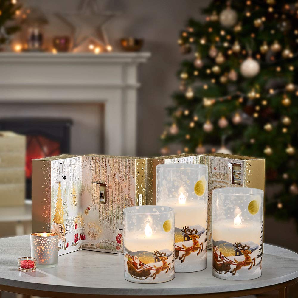 Wondise Santa Claus Glass Flameless Candles Remote and Timer, Battery Operated Real Wax LED Flickering Pillar Candles White Cold Light Window Christmas Holiday Decor D3 x H4, 5", 6"