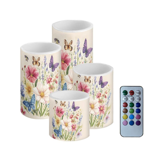 NETILGEN Vintage Floral Butterfly Print Flickering Color Changing LED Candles Set of 4 Flameless Electric Candles Pillar Candles with Remote Timer Control