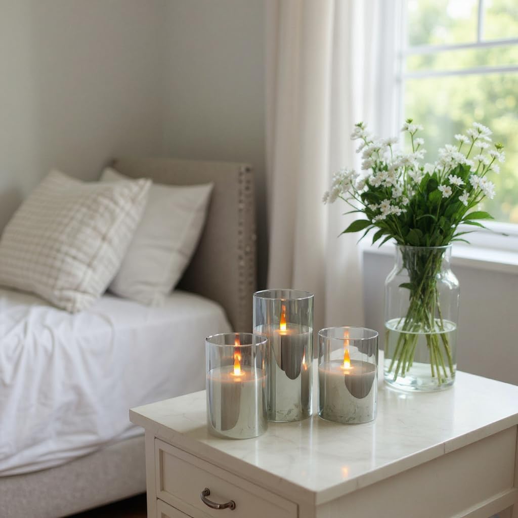 NICEME Clear Glass Flameless Candles Battery Operated with Remote Timer, Real Wax LED Pillar Candles with Flickering Flame Pure White Radiance Evanescing Fake Candles for Wedding Home Decor, Set of 3